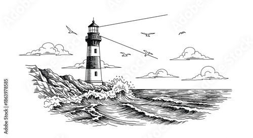 Detailed monochrome illustration of a tall lighthouse beacon shining over crashing ocean waves and flying gulls.