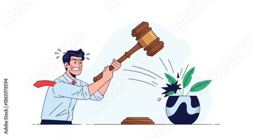 Angry businessman smashing a potted plant with a large wooden gavel in a moment of intense stress or frustration.