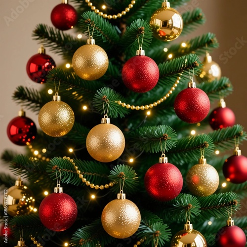 A Christmas tree stands full of colorful balls and golden beads. The scene shows festive decorations in a cozy indoor setting during the holiday season Generative AI