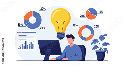 Man working on a computer at his office desk with data charts and a large lightbulb symbolizing a creative solution.