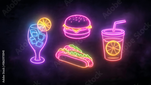 Vibrant neon signs of food and drinks in a dark background