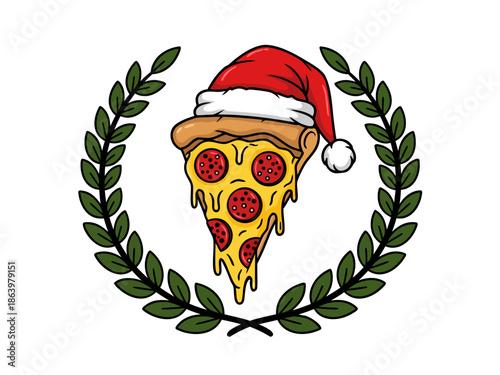 Vector illustration of a delicious slice of pepperoni pizza adorned with a festive Santa hat, framed by a laurel wreath on a white background, symbolizing holiday cheer and festive food celebrations