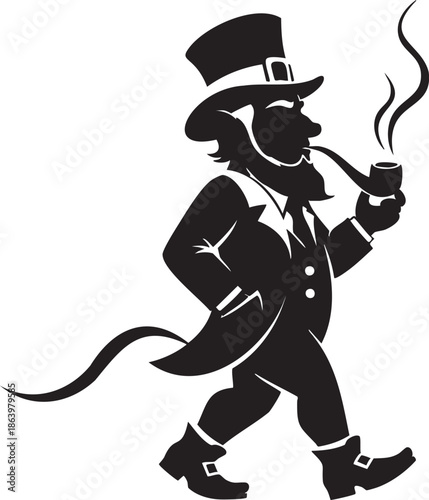 Stylish cartoon leprechaun smoking pipe with hat on