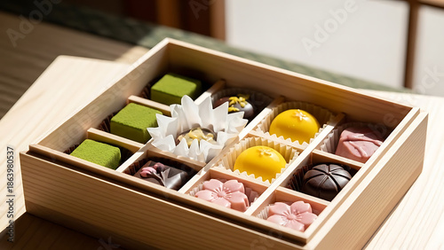 Assorted traditional Japanese sweets in wooden gift box