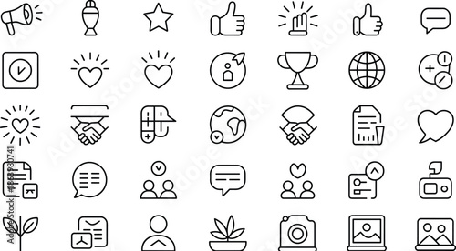Set of social media and business outline icons vector illustration isolated on white background showing communication teamwork marketing symbols collection