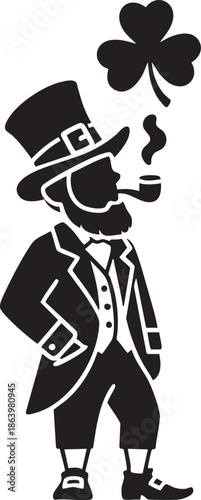 Stylish man in top hat smokes pipe under lucky shamrock