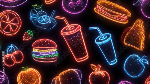 Vibrant neon food and drink icons on dark background