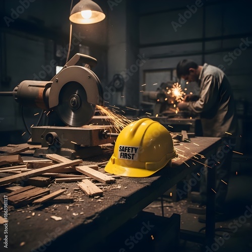A protective helmet unused beside a risky workspace.