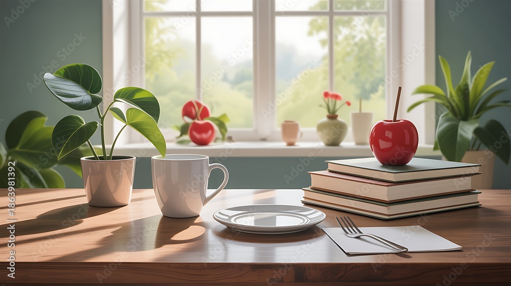Fototapeta premium Wooden Table with Coffee Mug Plate and Stacked Books