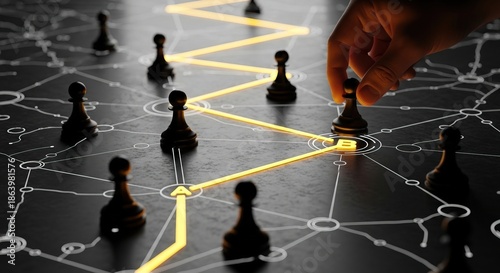A strategic hand moves a chess piece on a complex network board game