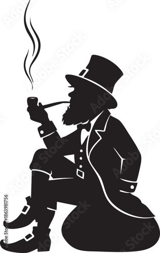 Silhouette of man smoking pipe in top hat and coat