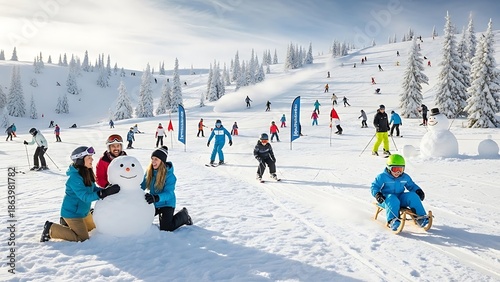 Skiers and Families Building Snowman on Busy Mountain Slope