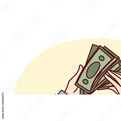 Illustration of hands counting or fanning green banknotes, symbolizing finance and wealth
