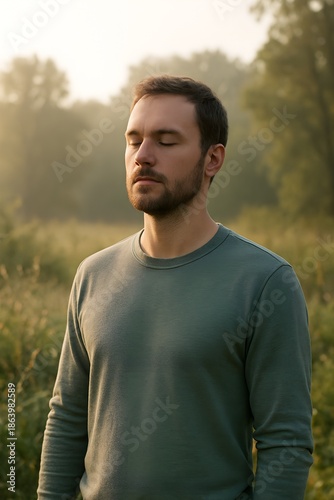 Young man with closed eyes practicing mindfulness outdoors in a peaceful, misty natural setting for wellbeing concept and mental clarity