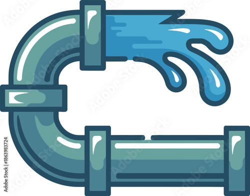 Leaking Pipe Vector Graphic Illustration with Water Flow and Flange Connections for Industrial Use
