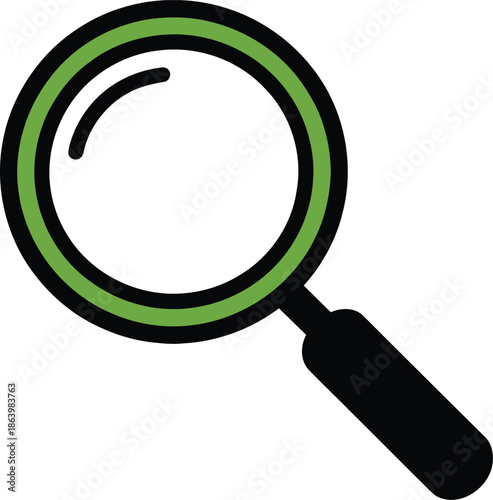 Magnifying Glass Vector Graphic Icon with Green Accent and Black Outline for Search and Investigation