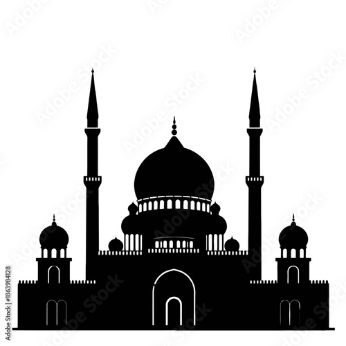 Islamic mosque silhouette with domes and minarets illustration.
