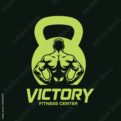 Victory fitness center logo with kettlebell and bodybuilder silhouette