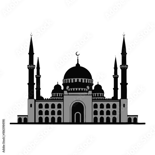 Islamic Mosque Building Architecture with Domes and Minarets.