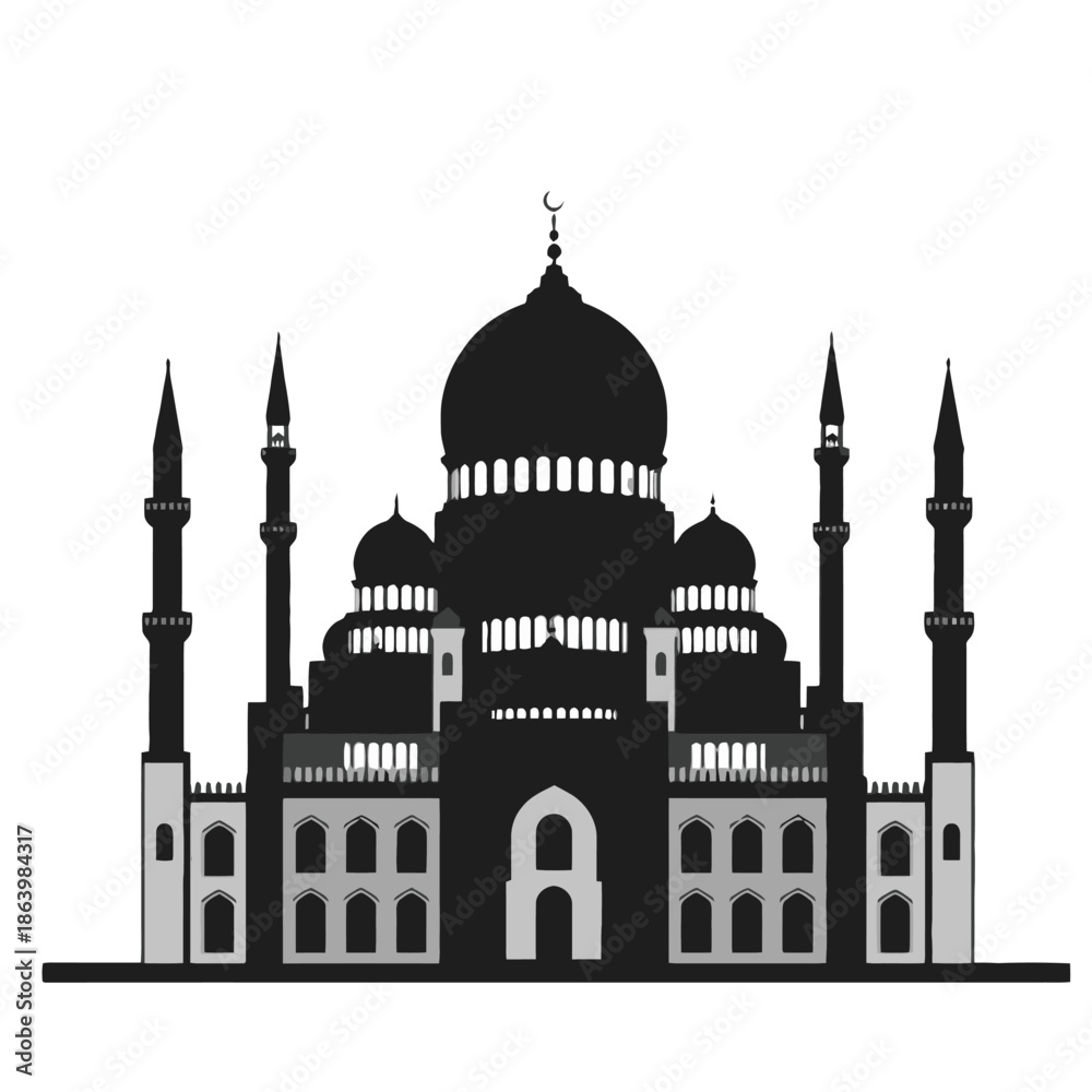 Obraz premium Islamic Mosque Silhouette with Domes and Minarets.