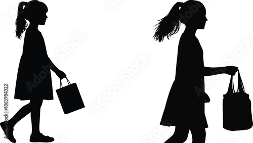 Silhouette of two young girls carrying shopping bags, representing holiday shopping.