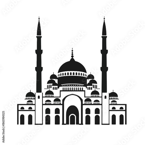 Islamic mosque building with minarets and domes vector illustration.