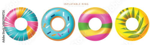 Realistic Inflatable Pool Ring Vector Set with Donut and Tropical Pattern Designs