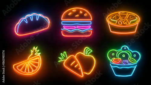 Vibrant neon food icons for menu design and advertising