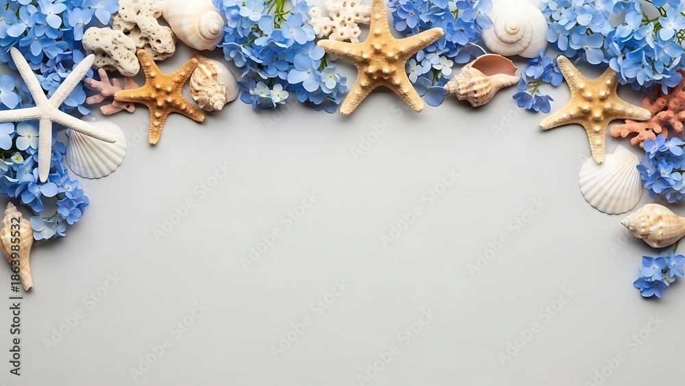 Fototapeta premium Beautiful seashells and starfish arranged with blue flowers on gray background