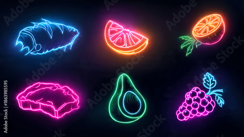 Vibrant neon food icons including sushi, citrus, avocado, and berries