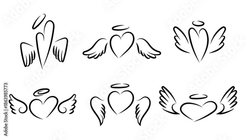 Romantic symbol love. Set hearts with halo and angel wings. Icons collection. Black and white heart line drawing.