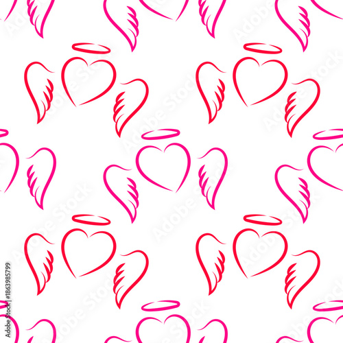 Seamless pattern with pink and red winged hearts and halo on white background. Perfect for Valentine's Day, packaging, textiles and holiday designs.