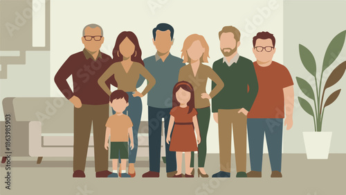 Multi-generational family portrait in a modern, minimalist illustration style