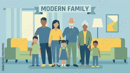 Modern multi-generational family portrait illustration at home