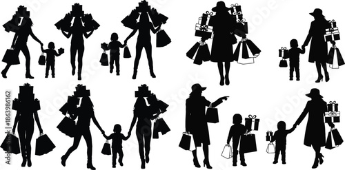 Collection of holiday shopping bags silhouette set featuring people and children