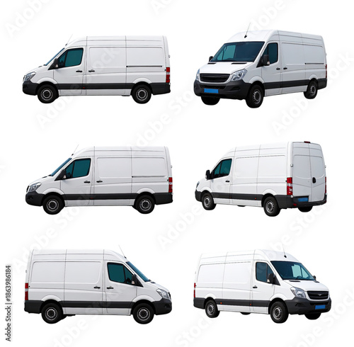 Sleek White Delivery Van Design with Various Angles and Views, Isolated on Transparent Background