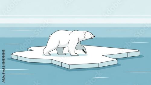 Polar Bear Standing on Melting Iceberg in Arctic Ocean, Climate Change Illustration