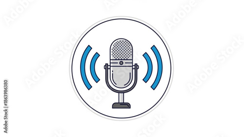 Microphone Icon with Sound Waves Isolated on White Background