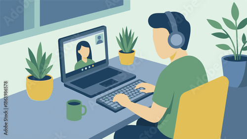 Person participating in a video call from home office with laptop and headphones