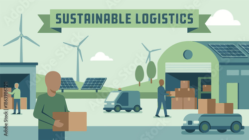Illustration of sustainable logistics with renewable energy and modern delivery