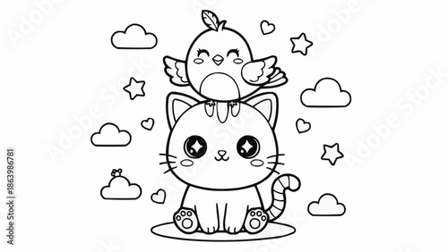Cute cartoon cat and bird illustration for coloring book.