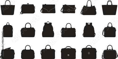 collection of handbags and backpacks on white background