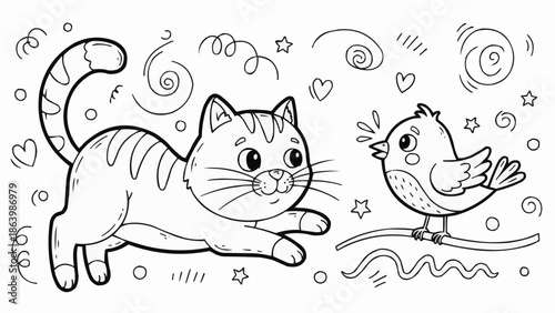 Cute cartoon cat chasing a small bird illustration.