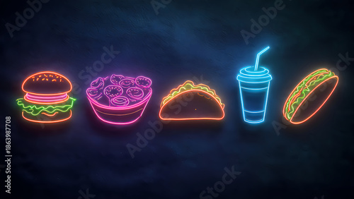 Vibrant neon signs of fast food menu items at night
