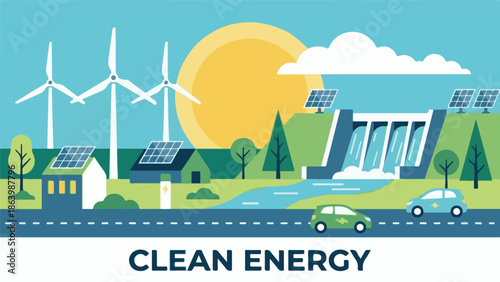 Sustainable landscape with clean energy sources and electric vehicles