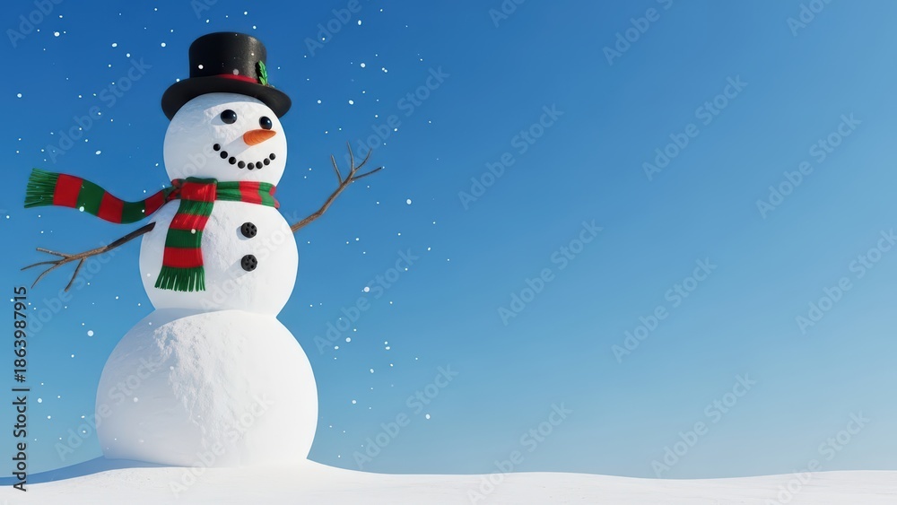 Fototapeta premium Cheerful Snowman in Winter Wonderland with Falling Snow