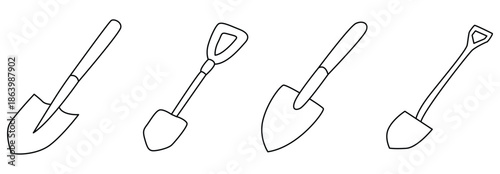 Shovel Icon Collection – Farming and Gardening Digging Tools in Line Art, Flat and Black Silhouette Style
