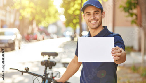 Delivery man holding blank sign with bicycle on a sunny urban street scene