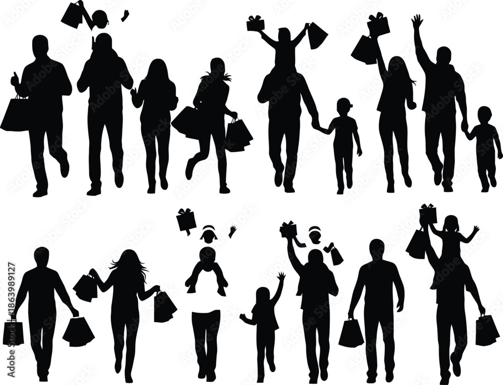 Obraz premium A collection of black silhouettes of families and individuals engaged in holiday shopping, carrying gift bags and presents.