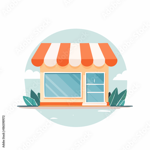 Cartoon shop front illustration with orange striped awning and glass windows